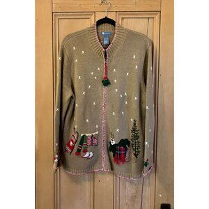 Koret Women Vintage 90s Christmas Full Zip Cardigan Sweater Size XL Beige XM EXC